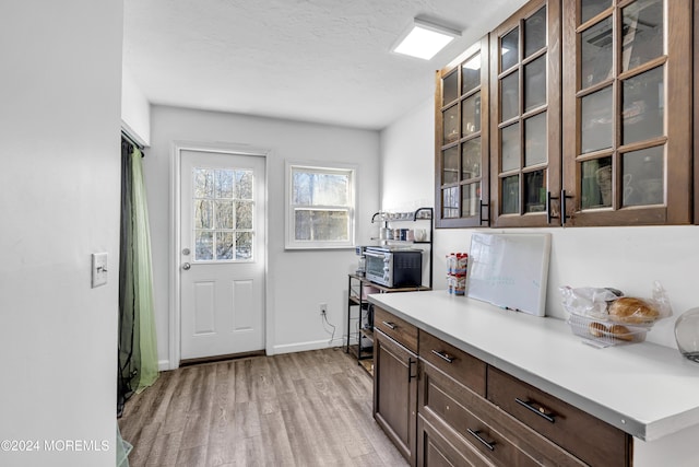 kitchen with dark brown cabinetry and light wood-type flooring