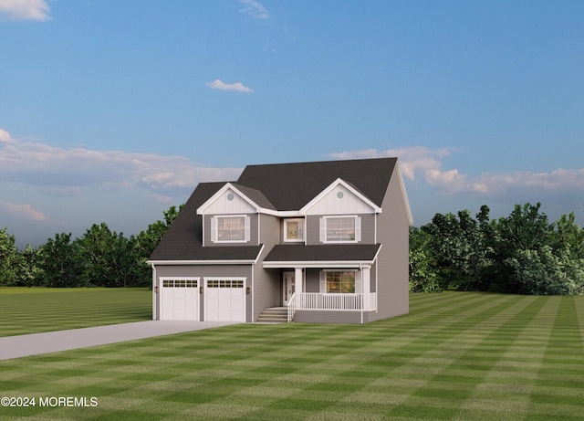 view of front of home with a front lawn, a porch, and a garage