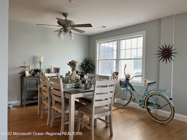 dining space featuring ceiling fan, a healthy amount of sunlight, and light hardwood / wood-style flooring