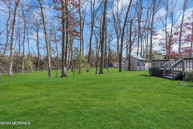 view of yard with a storage unit and a deck