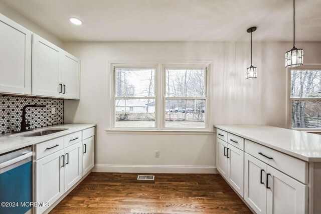 kitchen with white cabinets, sink, hanging light fixtures, stainless steel dishwasher, and decorative backsplash