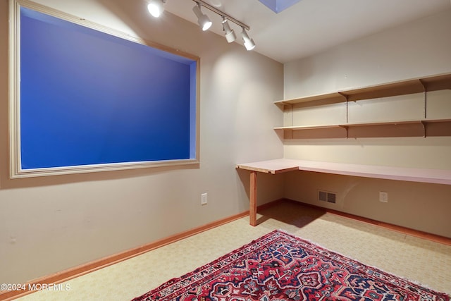 unfurnished office featuring light carpet and track lighting