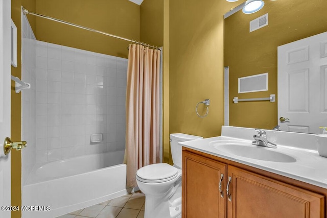 full bathroom with toilet, shower / tub combo, vanity, and tile patterned floors