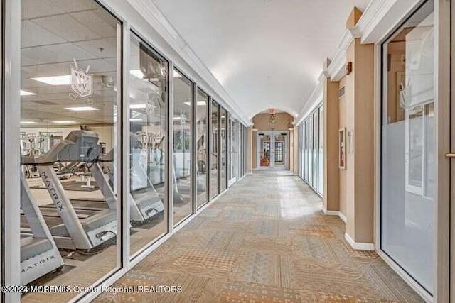 hall with crown molding and plenty of natural light