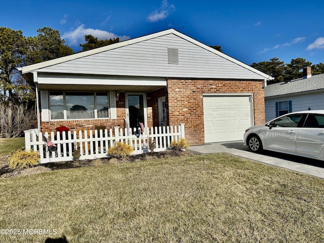 single story home featuring a garage and a front lawn