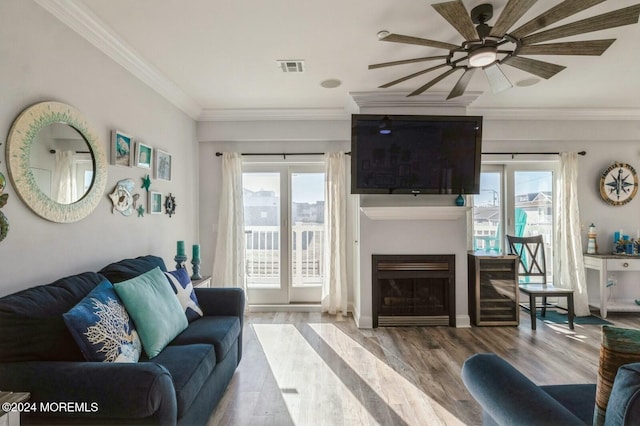 living room featuring ceiling fan, a healthy amount of sunlight, wood-type flooring, and crown molding