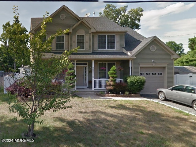 view of front facade with a porch, a garage, and a front lawn