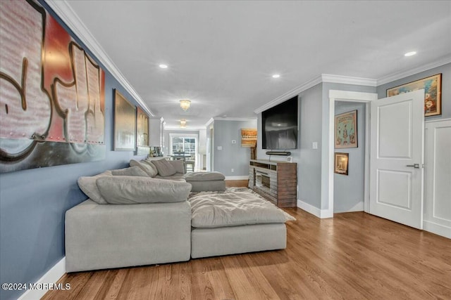 living room with a fireplace, wood-type flooring, and ornamental molding