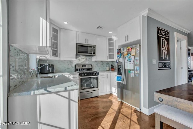 kitchen with light stone countertops, appliances with stainless steel finishes, tasteful backsplash, sink, and white cabinetry