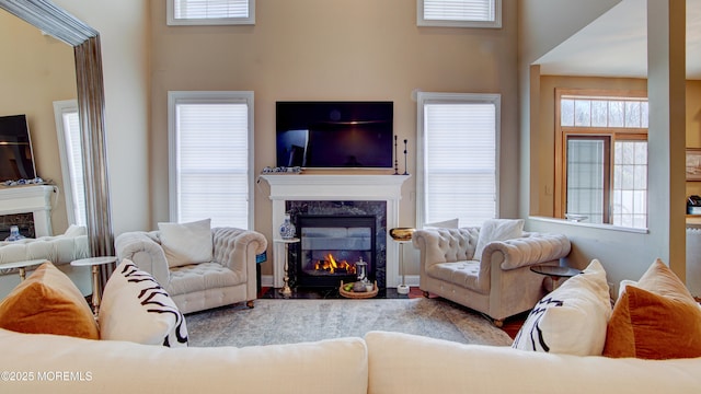 living room with a premium fireplace