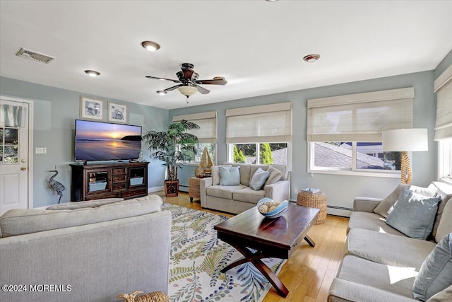 living room with light hardwood / wood-style floors, ceiling fan, and a baseboard heating unit