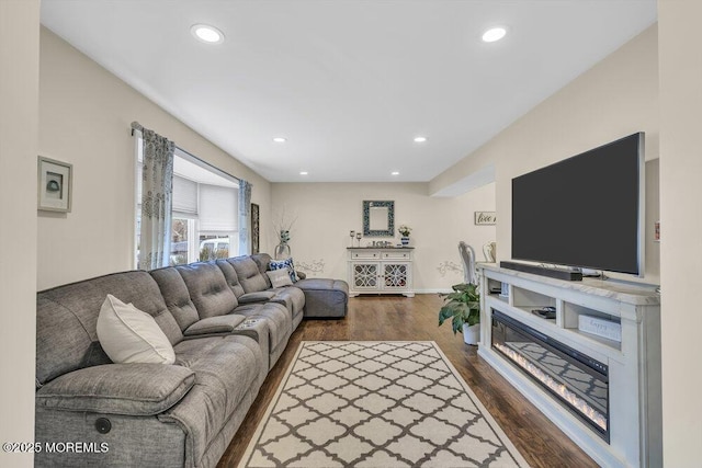 living room with dark hardwood / wood-style flooring