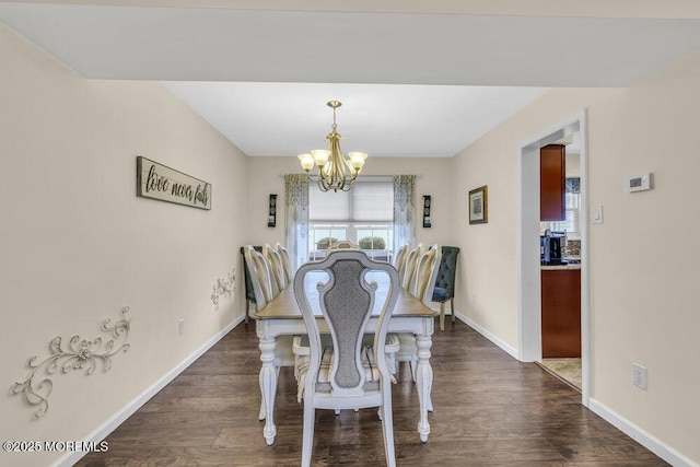 dining room with dark hardwood / wood-style floors and an inviting chandelier