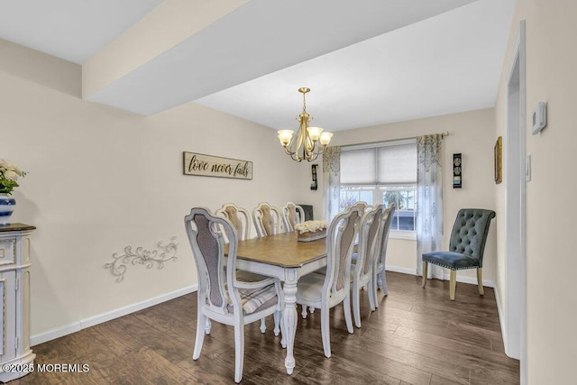 dining space with dark hardwood / wood-style floors and an inviting chandelier