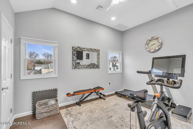 workout room with hardwood / wood-style flooring, a healthy amount of sunlight, and vaulted ceiling