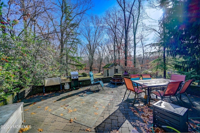 view of patio / terrace featuring a grill and an outdoor structure