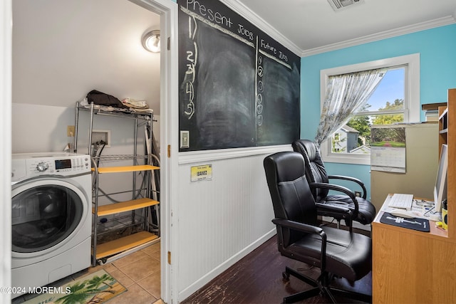 tiled office space with ornamental molding and washer / clothes dryer