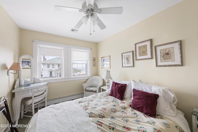 bedroom with baseboard heating and ceiling fan