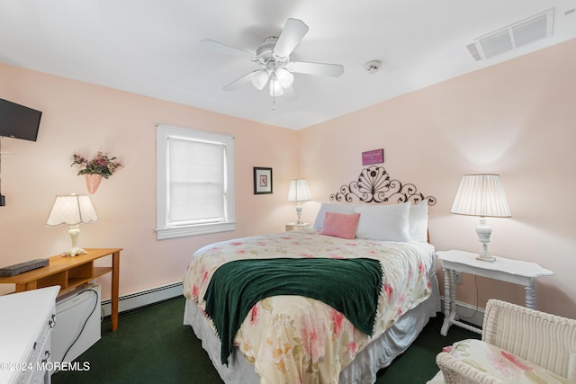 carpeted bedroom with ceiling fan and a baseboard heating unit