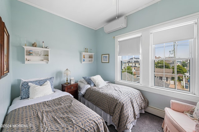 carpeted bedroom with a baseboard heating unit, ornamental molding, and a wall mounted AC