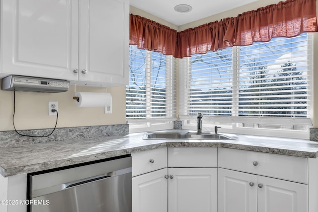 kitchen featuring dishwasher, sink, and white cabinetry