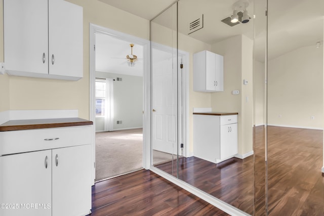 kitchen featuring ceiling fan, dark wood-type flooring, and white cabinetry