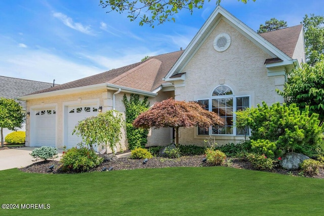 view of front of house with a front yard and a garage