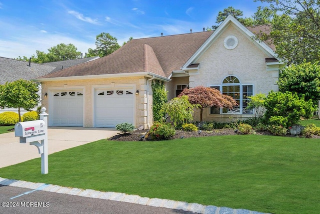 view of front of home featuring a front yard and a garage