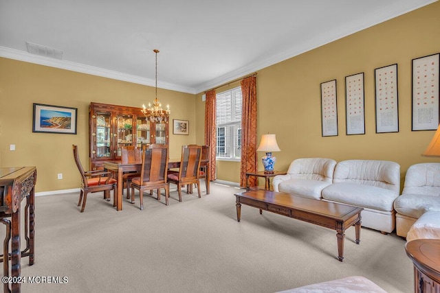 carpeted living room featuring crown molding and a chandelier