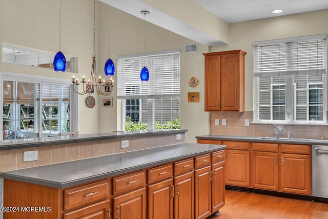 kitchen with dishwasher, backsplash, an inviting chandelier, sink, and decorative light fixtures