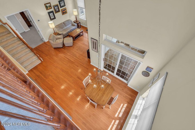 living room featuring hardwood / wood-style floors and a high ceiling