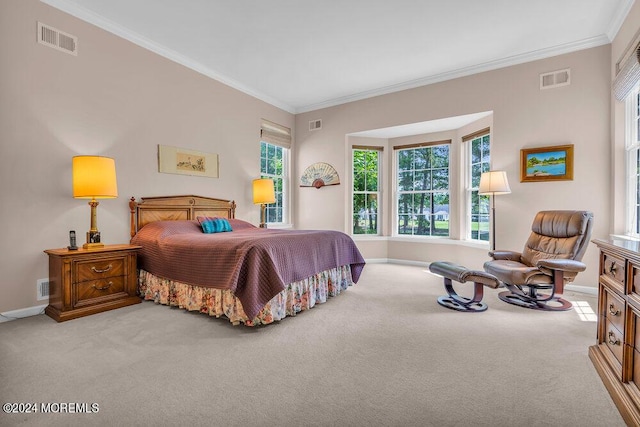 carpeted bedroom featuring crown molding and multiple windows