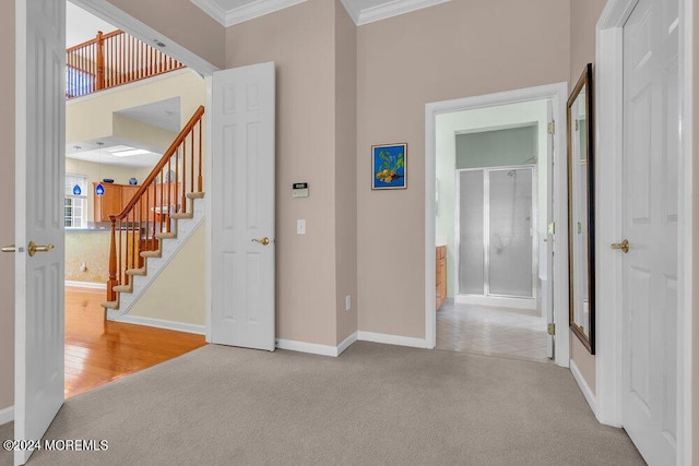 corridor featuring crown molding and light carpet