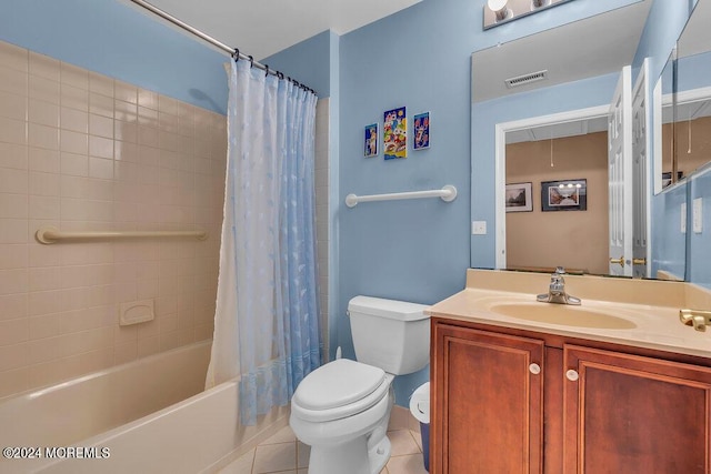 full bathroom with tile patterned floors, shower / bath combination with curtain, toilet, and vanity