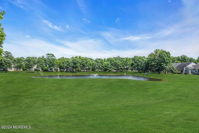 view of home's community with a yard and a water view