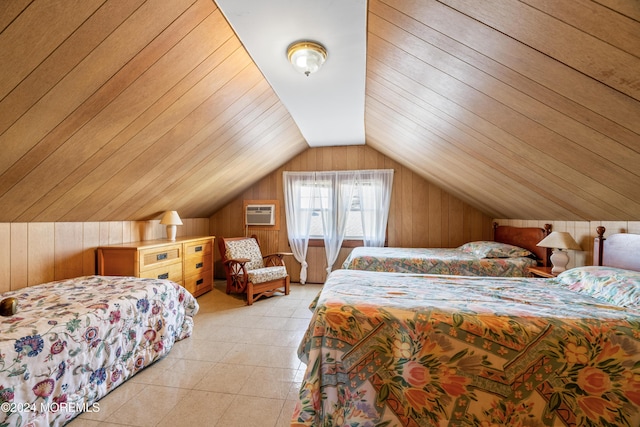 bedroom with wood walls, lofted ceiling, and wood ceiling