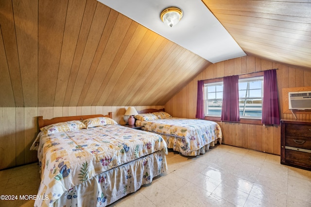 bedroom featuring a wall mounted air conditioner, wooden ceiling, vaulted ceiling, and wooden walls