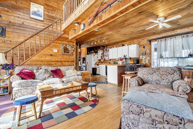 790 Farmingdale Rd, Jackson, NJ 08527 - living room featuring hardwood / wood-style floors, wood walls, ceiling fan, stairway, and wooden ceiling