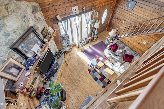 790 Farmingdale Rd, Jackson, NJ 08527 - living area featuring wooden walls, hardwood / wood-style flooring, and vaulted ceiling