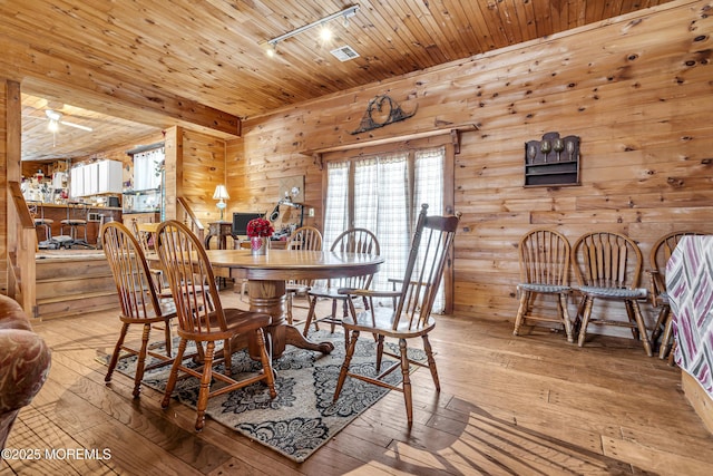 790 Farmingdale Rd, Jackson, NJ 08527 - dining room featuring wood-type flooring, wood walls, and wooden ceiling