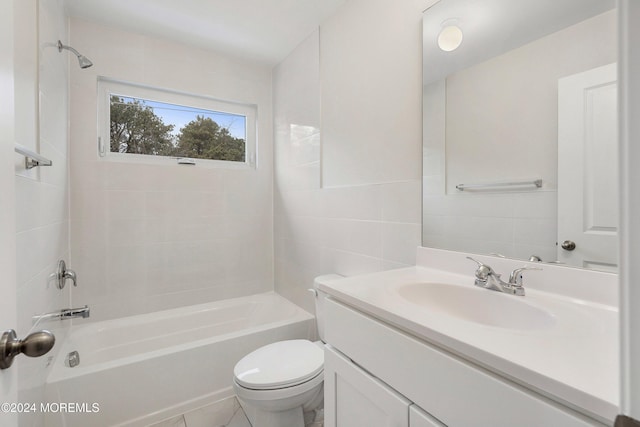 full bathroom featuring decorative backsplash, tub / shower combination, vanity, tile walls, and toilet