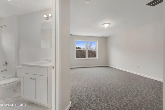 full bathroom with vanity,  shower combination, and toilet