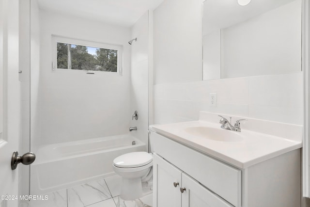 full bathroom with tasteful backsplash, vanity, shower / washtub combination, tile walls, and toilet