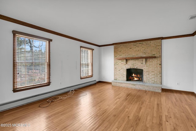 unfurnished living room with a fireplace, hardwood / wood-style floors, a baseboard radiator, and ornamental molding