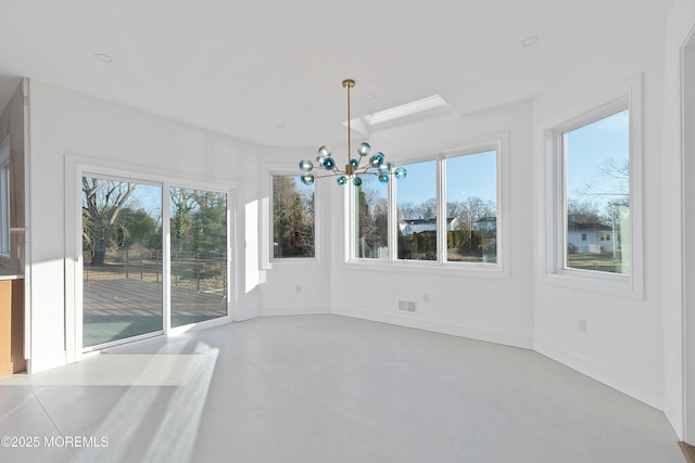 unfurnished dining area with an inviting chandelier