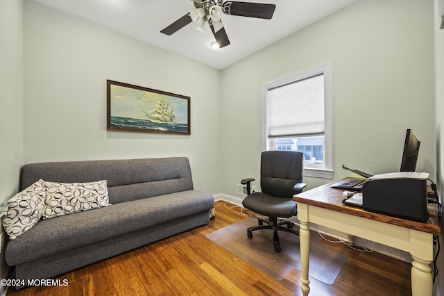 office space featuring hardwood / wood-style floors and ceiling fan