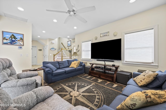 living room featuring ceiling fan