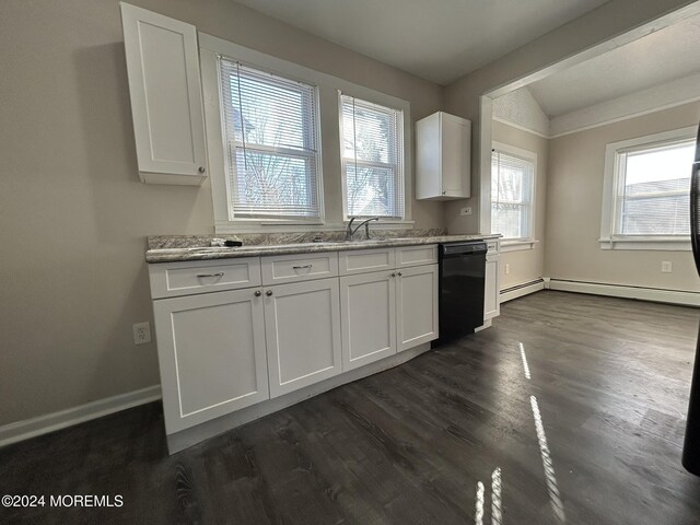 kitchen featuring dishwasher, white cabinets, vaulted ceiling, and a baseboard radiator