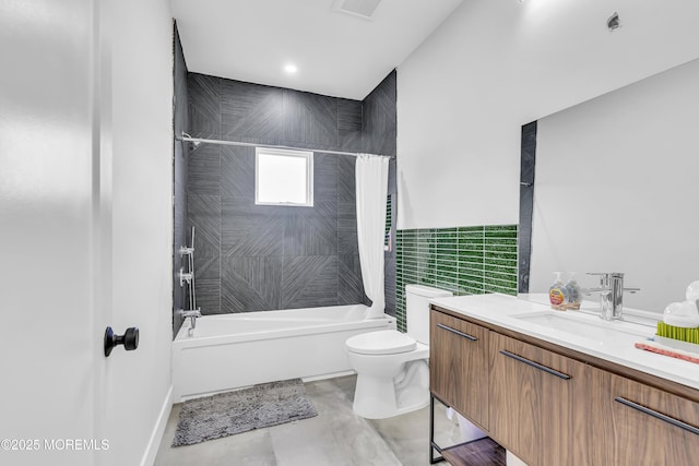 full bathroom with vanity, toilet, shower / bathtub combination with curtain, and tile walls