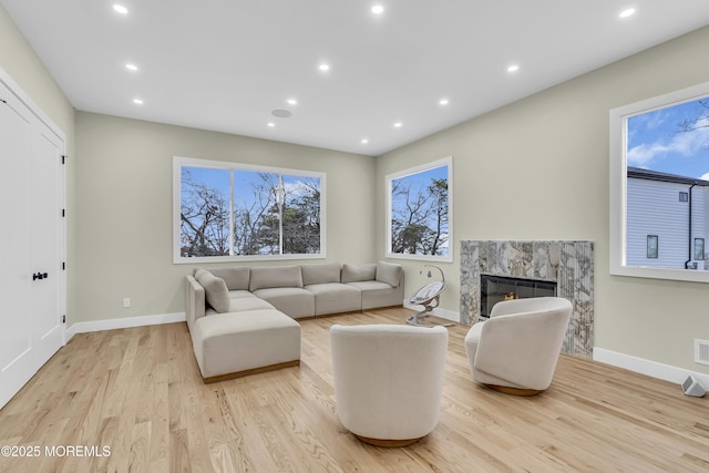 living room with a fireplace and light hardwood / wood-style flooring